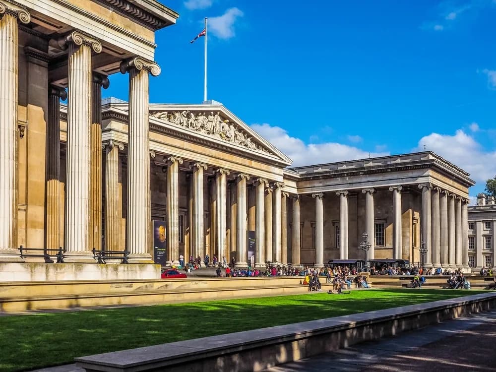 The British Museum's colonnaded front and forecourt on Great Russell Street
